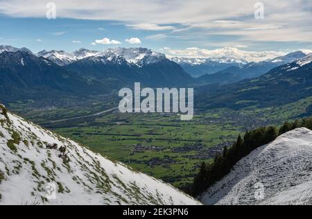 view onto the country of Lichtenstein and Switzerland from Alpstein mountains in Swiss, Appenzell region Stock Photo