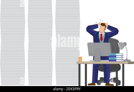 Business man stresses when he see the amount of work he have to do. Concept of overwork and pressure of a business man. Vector cartoon illustration. Stock Vector