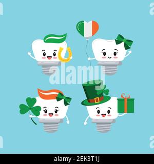St Patrick cute teeth dental implant icon set isolated. Stock Vector