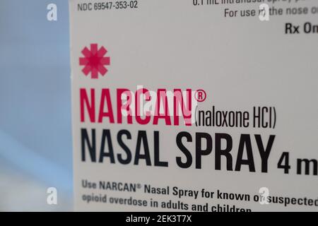 Close-up of box with logo for Narcan brand Naloxone nasal spray in ...