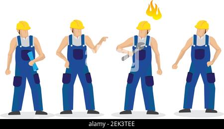 Two group of male construction workers fighting and quarreling. Isolated on white background. Vector illustration. Stock Vector