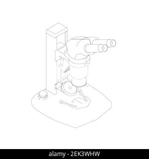 Microscope outline from black lines isolated on white background. Isometric view. Vector illustration. Stock Vector