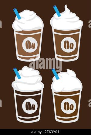 Set of four vector illustration of iced coffee with whip cream and blue straw in plastic cup isolated on brown background Stock Vector