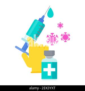 Gloved hands hold syringe and dose of vaccine. Stock Vector