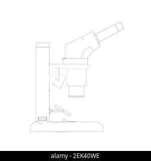 Microscope outline from black lines isolated on white background. Side view. Vector illustration. Stock Vector