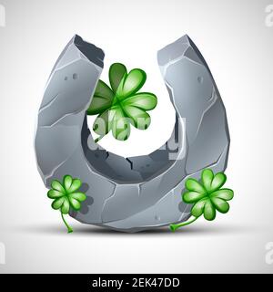 Vector cartoon style stone horseshoe and clover decorative element. Isolated on white background. Stock Vector