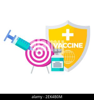 Syringe with dose of vaccine hits the center of the target. Stock Vector