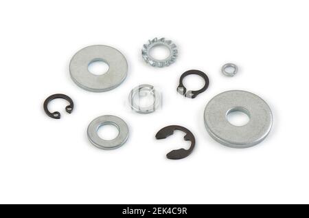Metal washers different shapes and sizes on a white background, cut out, photo stacking Stock Photo