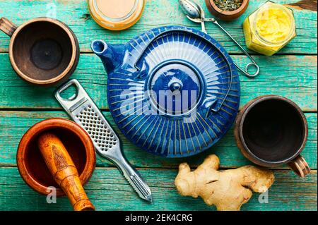 Tea with ginger extract,lemon and honey.Ginger tea ingredients Stock Photo