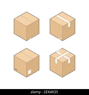 Set of four isometric cardboard boxes isolated on white background. Stock Vector