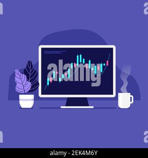 Computer with positive forex chart on desktop with coffee cup. Trade currency concept. Stock Vector