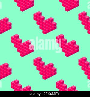 Isometric pixel hearts seamless pattern on light green background. Stock Vector