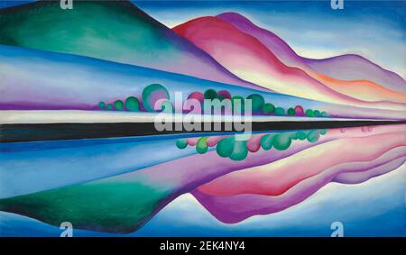 Georgia O'Keeffe artwork entitled Lake George Reflection. Abstract avant garde portrait of lake and mountains. Vibrant and full of colour. Colourful. Stock Photo