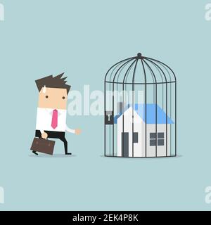 Businessman with locked house inside the cage, home foreclosure. Stock Vector