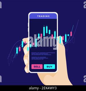 Mobile stock market trading. Man's hand holds a smartphone with trade charts. Forex trading using a mobile phone anywhere. Stock Vector