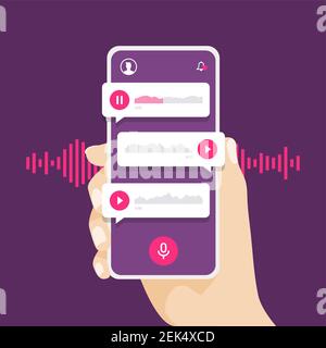 Hand holding smartphone with voice message. Social audio app. Stock Vector