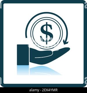 Cash Back Coin To Hand Icon. Square Shadow Reflection Design. Vector Illustration. Stock Vector