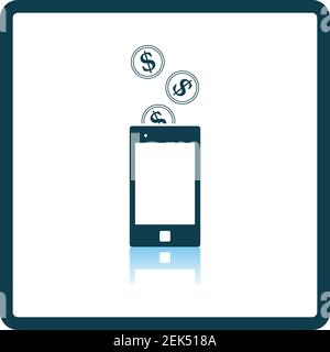 Golden Coins Fall In Smartphone Icon. Square Shadow Reflection Design. Vector Illustration. Stock Vector