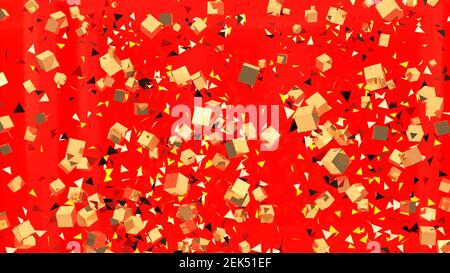 Red color background with golden cubes and yellow triangles. happiness background 3d render Stock Photo
