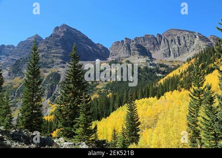 Maroon Bells and Sleeping Sexton - Rocky Mountains, Colorado Stock Photo