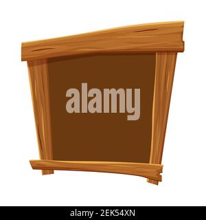 Wood frame in cartoon style, empty banner, cracked menu template isolated on white background stock vector illustration. Ui asset design, textured, de Stock Vector