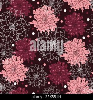 Seamless pattern with dahlia silhouettes on burgundy background Stock Vector
