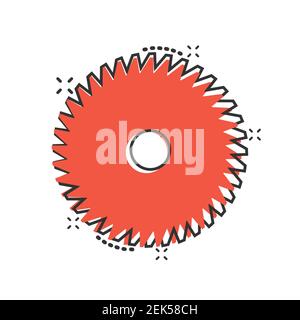 Saw blade icon in comic style. Circular machine cartoon vector illustration on white isolated background. Rotary disc splash effect business concept. Stock Vector
