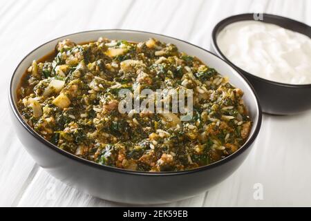 Cooked K?ymal? Ispanak minced meat with spinach, rice and onions close-up in a bowl on the table. horizontal Stock Photo