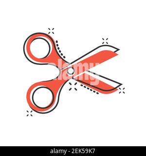 Scissor icon in comic style. Cut equipment cartoon vector illustration on white isolated background. Cutter splash effect business concept. Stock Vector