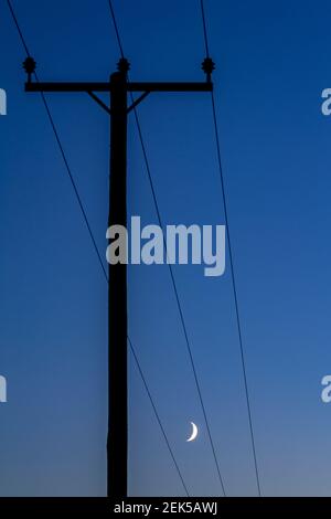 Crescent moon and telegraph pole at dusk Stock Photo