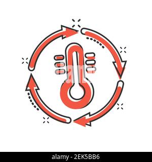 Thermometer climate control icon in comic style. Meteorology balance cartoon vector illustration on white isolated background. Hot, cold temperature s Stock Vector