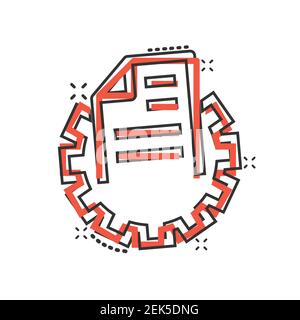 Document with gear icon in comic style. Big data processing cartoon vector illustration on white isolated background. Paper sheet software  splash eff Stock Vector