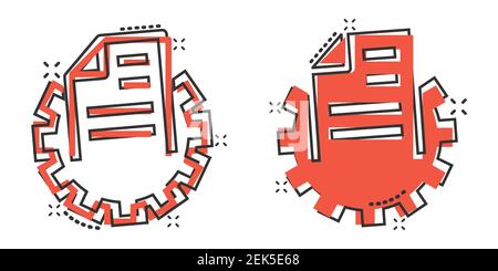 Document with gear icon in comic style. Big data processing cartoon vector illustration on white isolated background. Paper sheet software  splash eff Stock Vector