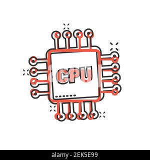 Computer cpu icon in comic style. Circuit board cartoon vector illustration on white isolated background. Motherboard chip splash effect business conc Stock Vector