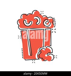 Film icon in comic style. Popcorn cartoon vector illustration on white isolated background. Pop corn bucket splash effect business concept. Stock Vector