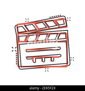 Film icon in comic style. Movie cartoon vector illustration on white isolated background. Clapper video splash effect business concept. Stock Vector