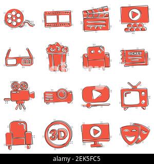 Cinema line icons in comic style. Entertainment set cartoon vector illustration on white isolated background. Movie media splash effect business conce Stock Vector