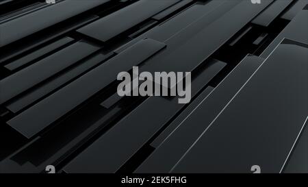 3d rendering of black glossy rectangular panels at different levels. Computer generated abstract geometric backdrop. Stock Photo