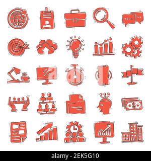 Business icons set in comic style. Finance strategy cartoon vector illustration on white isolated background. Marketing splash effect business concept Stock Vector