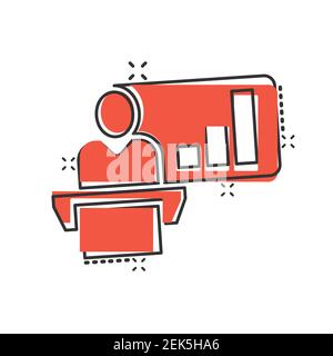 People on podium icon in comic style. Speaker cartoon vector illustration on white isolated background. Audience orator splash effect business concept Stock Vector