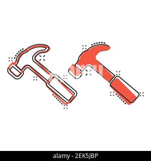 Hammer icon in comic style. Work instrument cartoon vector illustration on white isolated background. Repair equipment splash effect business concept. Stock Vector