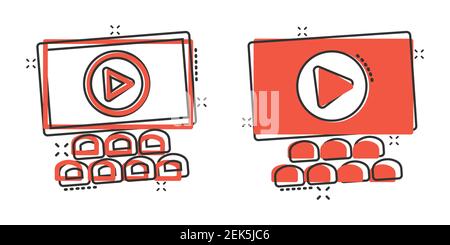 Film icon in comic style. Movie cartoon vector illustration on white isolated background. Cinema theater splash effect business concept. Stock Vector