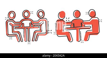People with table icon in comic style. Teamwork conference cartoon vector illustration on white isolated background. Speaker dialog splash effect busi Stock Vector