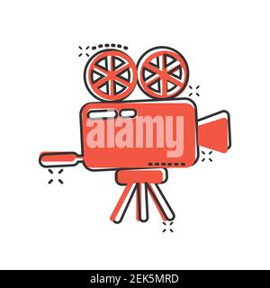 Projector icon in comic style. Cinema camera cartoon vector illustration on white isolated background. Movie splash effect business concept. Stock Vector