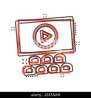Film icon in comic style. Movie cartoon vector illustration on white isolated background. Cinema theater splash effect business concept. Stock Vector