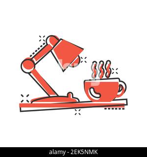 Lamp with coffee cup icon in comic style. Lightbulb cartoon vector illustration on white isolated background. Electricity splash effect business conce Stock Vector