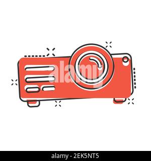 Video projector sign icon in comic style. Cinema presentation device cartoon vector illustration on white isolated background. Conference splash effec Stock Vector