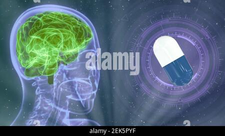 Medical 3D illustration - holographic human head image with highlighted brain and medical pill Stock Photo