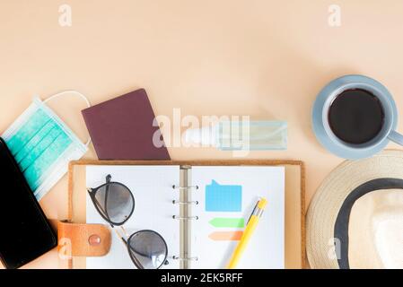 plan trip with covid (mask and disinfectant) Stock Photo