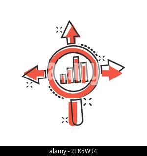 Market trend icon in comic style. Growth arrow with magnifier cartoon vector illustration on white isolated background. Increase splash effect busines Stock Vector